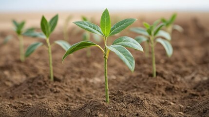 Wall Mural - Young green plants sprout from rich soil under a clear sky, symbolizing growth and the potential of nature.