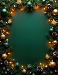 Poster - Dark green Christmas backdrop with golden, emerald decorations. Decorative ornaments, lights create festive frame around empty space. Ideal for holiday greeting cards digital design. Christmas