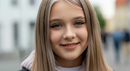 Canvas Print - Portrait of a young caucasian female with long hair smiling outdoors in urban setting