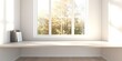© Yan - A bright, minimalistic room with a large window, showcasing a view of trees outside and a simple wooden shelf. Concept Minimalistic Interior Design, Natural Light, Large Windows, Simple Decor