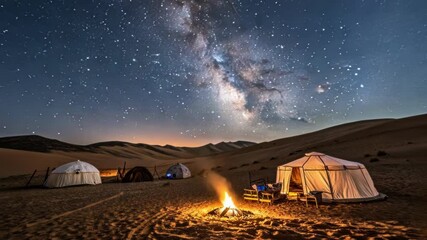 Wall Mural - glowing camping tents nestled on sandy desert dunes, illuminating starry night sky with mesmerizing 