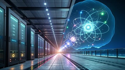 Poster - Stylized atom materializing between server racks in futuristic corridor, representing quantum computing's transformative potential within advanced technological infrastructure