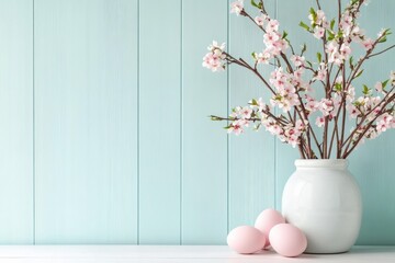 Wall Mural - A tranquil and serene Easter display beautifully showcasing delicate cherry blossoms arranged in a pure white vase, accompanied by softly pastel pink eggs that rest gently on a light, airy background