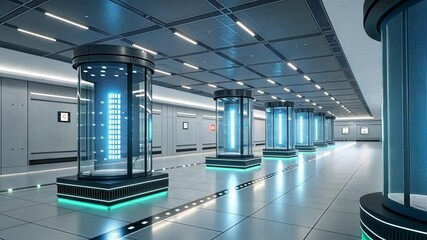 Poster - Quantum units, encased in illuminated cylindrical servers, line a futuristic corridor, pulsating with turquoise light and suggesting advanced computational processes