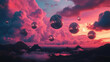 © FATNA - a surreal landscape with floating translucent o. A stunning surreal landscape featuring floating orbs illuminated by a vibrant sunset, creating a drea