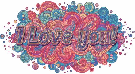 Wall Mural - Abstract Line Art of Words, I Love You Message Card, Messy Colorful Design