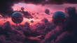 © FATNA - a surreal landscape with floating translucent o. A stunning surreal landscape featuring floating orbs illuminated by a vibrant sunset, creating a drea