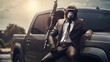 © KOSHKAROV SERGEI - Armed Monkey in Suit by a Pickup Truck