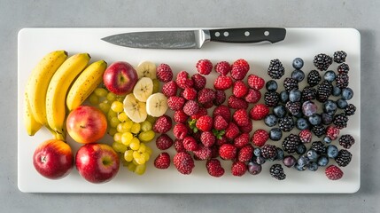 Wall Mural - Assorted fresh fruits including bananas, apples, grapes, raspberries, blueberries, and blackberries arranged on a white cutting board with a knife.