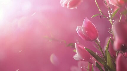 Poster - Beautiful blooming pink tulips in soft focus against a gentle light backdrop