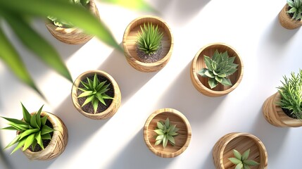 Canvas Print - Aerial view of various succulents planted in small, round wooden pots arranged on a white surface. Sunlight casts shadows, enhancing the minimalist aesthetic.