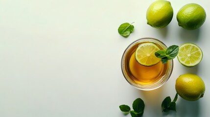 Canvas Print - Refreshing cup of herbal tea with lime slices and mint leaves on a white background. Perfect for summer, health, and wellness themes.