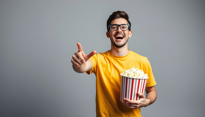 Young laughing man wear yellow t-shirt casual clothes 3d glasses watch movie film hold bucket of popcorn in cinema point index finger camera on you isolated on plain grey background studio portrait.