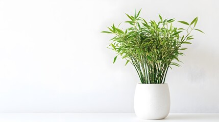 Canvas Print - A lush green bamboo plant in a minimalist white pot sits against a clean white wall.  Perfect for home decor, wellness, or nature-themed projects.