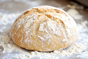 Wall Mural - Flour-covered dough ball rises amidst a cloud of flour in a rustic kitchen during a baking session