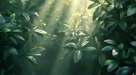 Sticker - Sunlight streaming through leaves in a lush forest during early morning hours