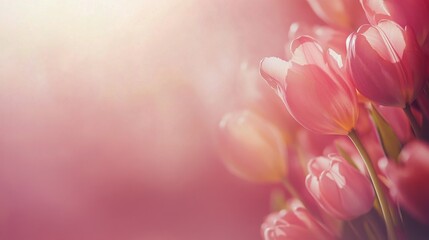 Poster - Beautiful blooming pink tulips in soft focus against a gentle light backdrop