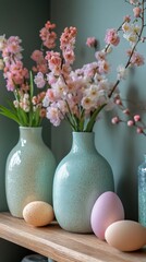 Wall Mural - Colorful spring flowers in vases alongside decorative eggs on a rustic wooden shelf