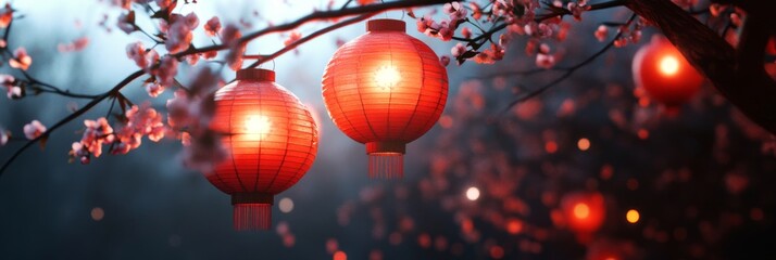 Poster - Colorful lanterns illuminate a blossoming cherry tree at dusk in a serene outdoor setting