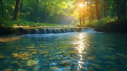 Wall Mural - Sunlit stream flows over smooth stones in a lush green forest.