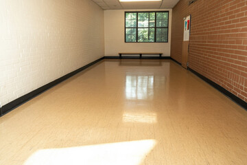 A large room with a white wall and a black bench