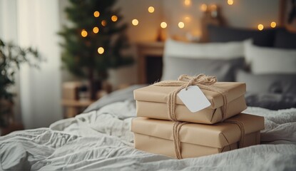 Poster - Wrapped gifts on a cozy bed with soft lighting and warm ambiance during the holiday season