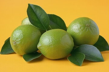 Sticker - Fresh limes arranged with green leaves on a vibrant yellow background