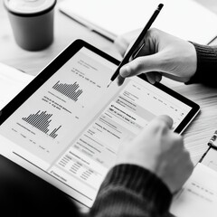 Poster - A person analyzing data charts on a tablet, focusing on metrics with a pencil in hand, in a modern workspace.