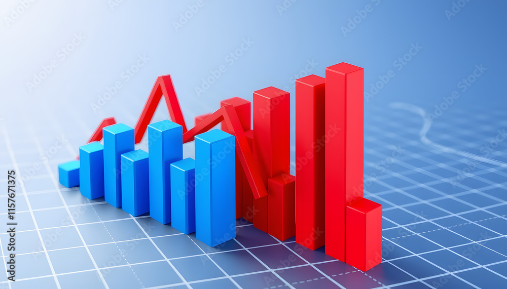 Abstract stock market chart with blue and red bars, a line graph on a ...