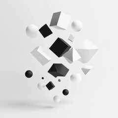 Poster - A dynamic composition of floating black and white geometric shapes, creating a striking visual contrast.
