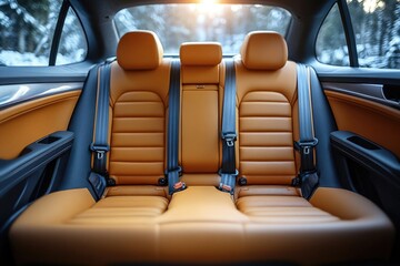 Poster - Two car seats with seatbelts and headrests, ideal for use in automotive or interior design contexts