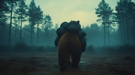 Wall Mural - Mysterious Bear in Foggy Forest: Captivating Wildlife and Adventure Scene with Dense Trees and Mist Enhancing Eerie Atmosphere for Nature Lovers and Photographers