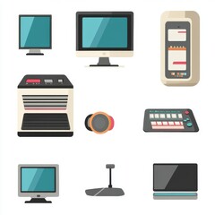 Poster - A collection of various electronic devices including monitors, a printer, and a laptop, showcasing modern technology.