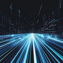 Fototapete - Futuristic abstract blue digital landscape with lines of light creating a sense of speed and movement.