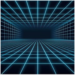 Poster - Futuristic blue neon grid design creating a digital space atmosphere.