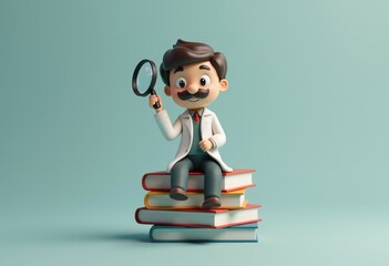 Poster - A cartoon scientist sits on a stack of books  holding a magnifying glass.