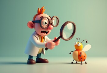 Poster - A cartoon scientist examines a ladybug with a magnifying glass.