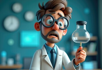 Poster - A cartoon scientist in a lab coat looks at a glass bulb with a worried expression.