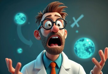 Poster - A surprised cartoon scientist looks up at a glowing blue Earth.