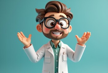 Poster - A cartoon scientist with a white lab coat and glasses smiling and waving his hands.