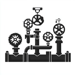 Poster - Stylized black and white illustration of industrial pipes and valves, showcasing mechanical design.