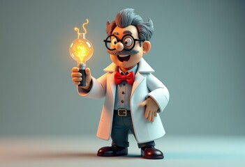 Poster - A cartoon scientist holds a glowing lightbulb  symbolizing a new idea.