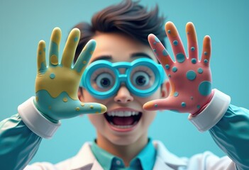 Poster - A cheerful cartoon scientist with colorful gloves shows his excitement