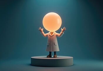 Poster - A 3D cartoon character with a glowing head wearing a lab coat and standing on a platform.