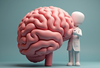 Poster - A 3D illustration of a human brain held by a small doctor.