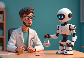 Poster - A cartoon scientist and robot collaborate in a lab setting.