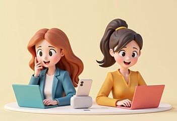 Poster - Two cartoon women working on laptops  one is surprised.