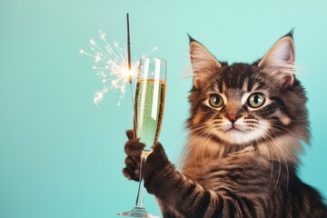 Aufkleber - A feline friend enjoys a celebratory moment with a glass of champagne and a sparkler
