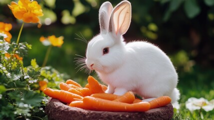Poster - A white rabbit sits atop a pile of colorful carrots, a peaceful scene
