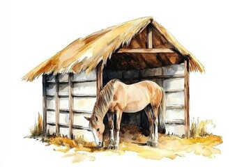 Poster - A watercolor painting of a horse grazing peacefully in a green meadow